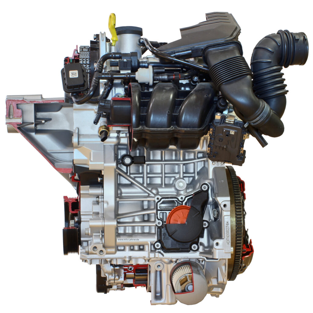 Fotografiert wurde ein Dreizylinder Reihenmotor bei Skoda als Schnittmodell des VAG Motors EA211 EVO