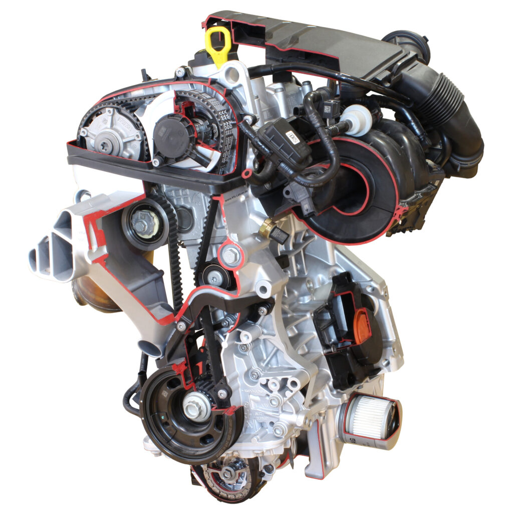 Das Foto zeigt das Schnitt-Modell des VAG Otto-Motors EA211 als Dreizylinder mit 1 Liter Hubraum und Blick auf den Zahnriemen.