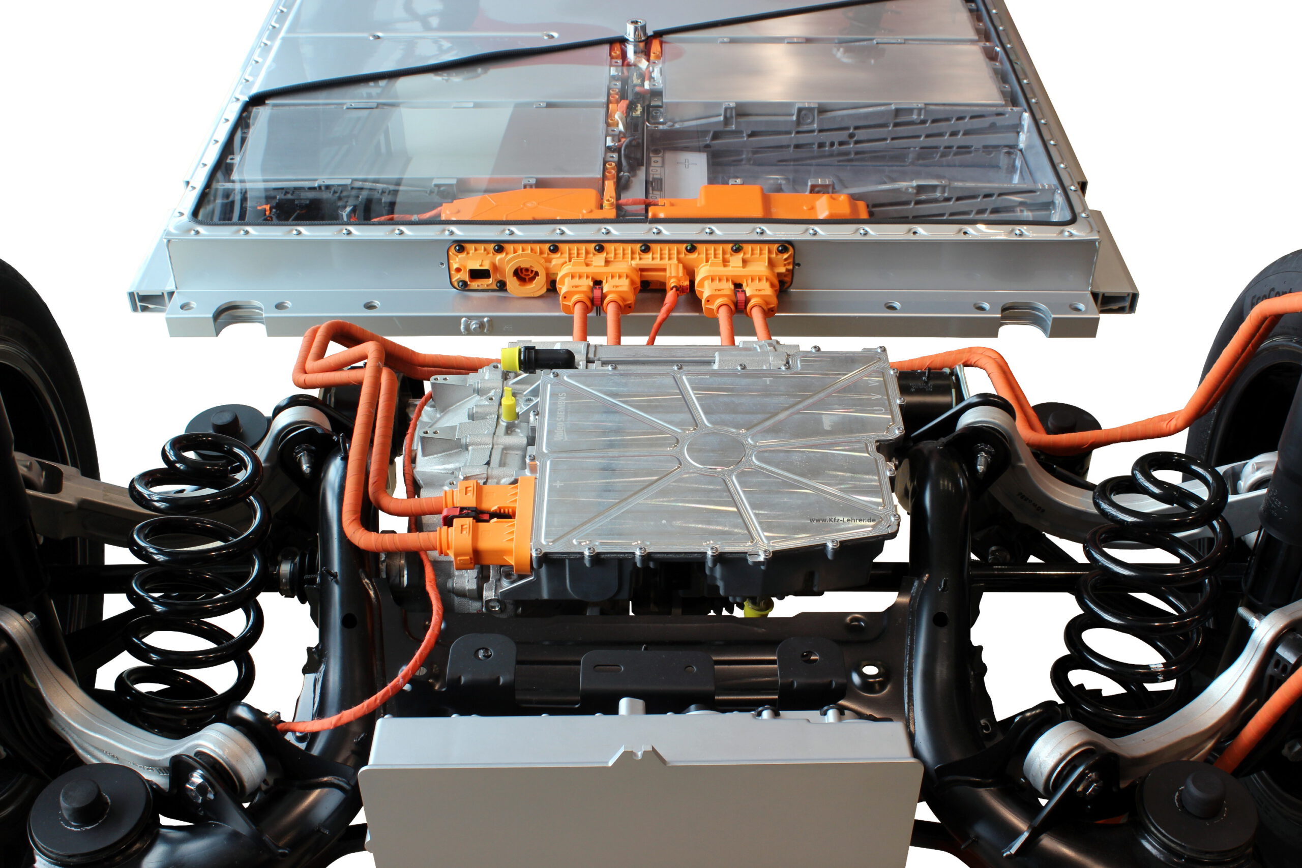 Hinterachse des modularen Elektronik Baukasten von VW. Im Zentrum der E-Motor mit der Steuerungselektronik obenauf.